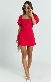 Jules Mini Dress - Puff Sleeve Square Neck Fit And Flare Dress in Red