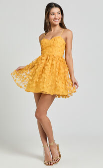Prague Mini Dress - Strappy Embroidered Tulle Bustier Dress in Marigold