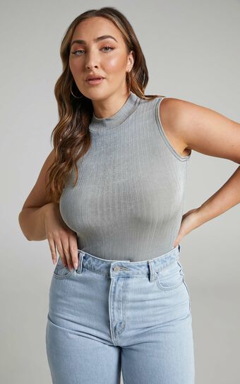 Constance High Neck Ribbed Bodysuit in Grey