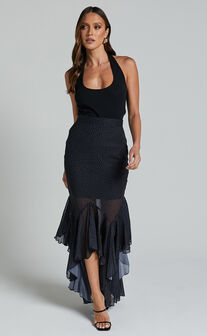 Artemisia Maxi Skirt - Frill Detail Sheer High Low Skirt in Black Polka
