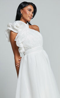 Tia Midi Dress - One Shoulder Frill Detail Fit & Flare Dress in White