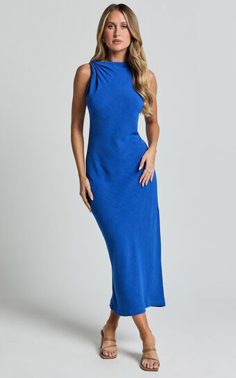 Jessenia Maxi Dress - Linen Look High Neck Dress in Cobalt