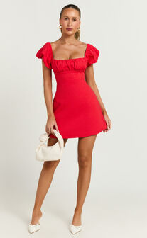 Ginny Mini Dress - Square Neck Ruched Bodice Puff Sleeve Straight Dress in Red