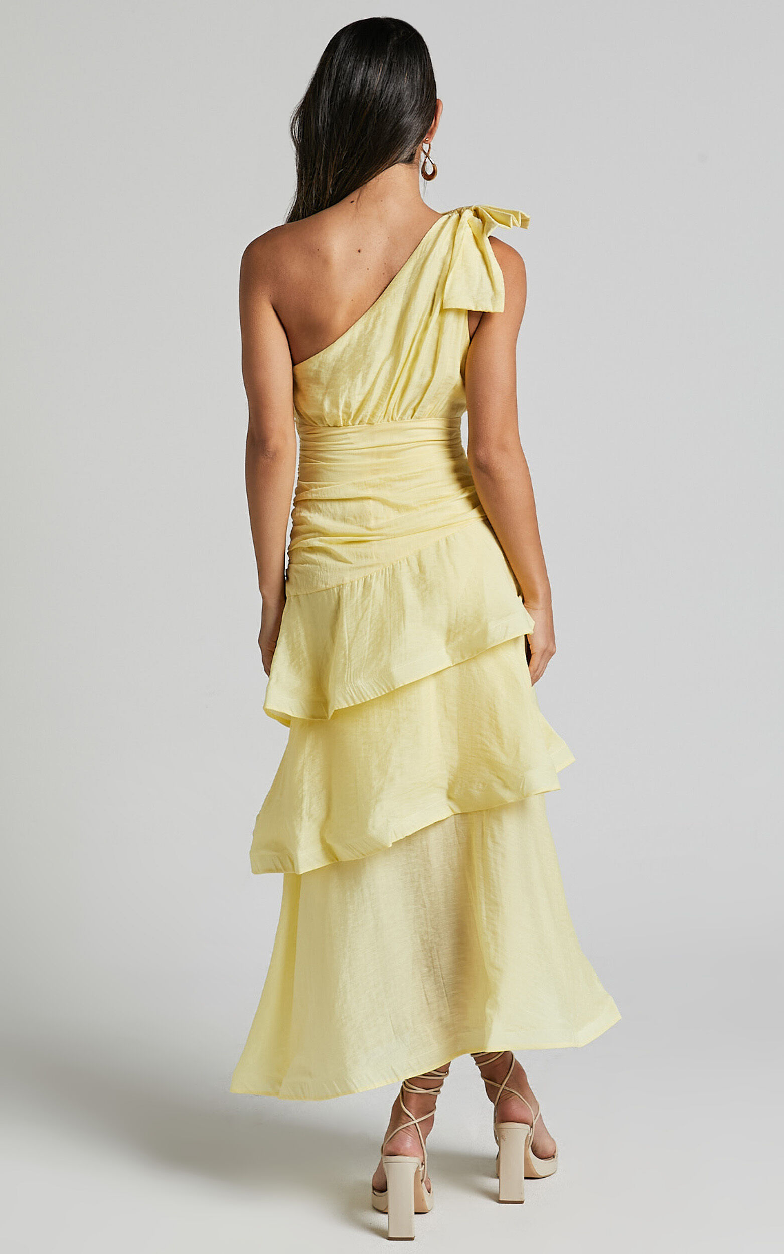Eugenia Midi Dress - One Shoulder Fit and Flare Layered Dress in Yellow ...