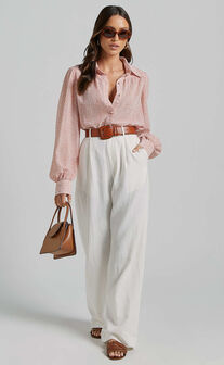 Milane Blouse - Collared Button through Long Blouson Sleeve in Pink & White Print