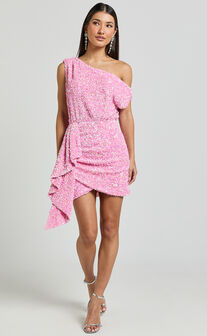 Tonya Mini Dress - Sequin Drape One Shoulder Dress in Pink