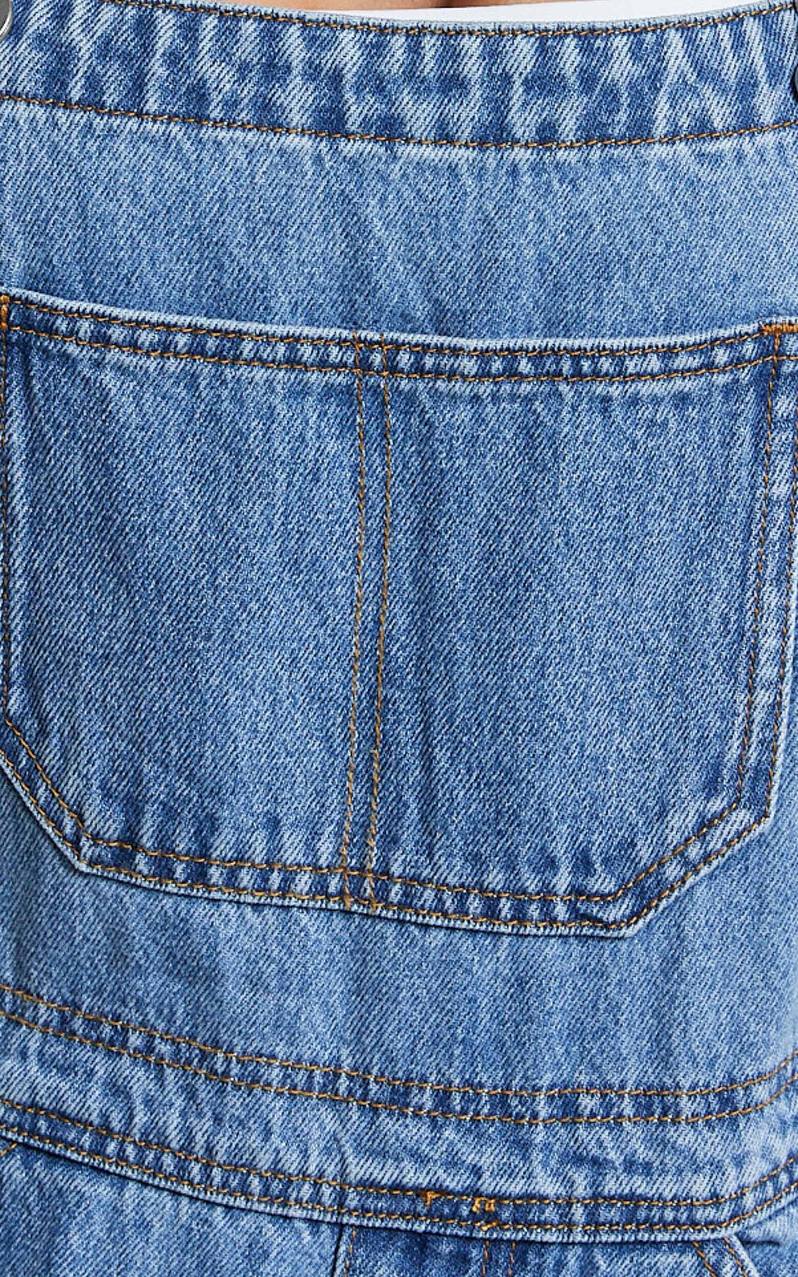 Brixton Jumpsuit Straight Leg Denim Overalls in Mid Blue Wash Showpo EU