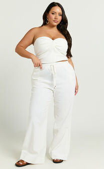 Hamilton Linen Blend Pants - Straight Elasticated Mid Waist Pants in White