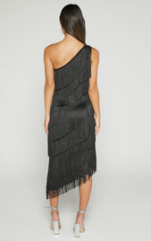 Odette Midi Dress - One Shoulder Fringing Detail in Black | Showpo USA
