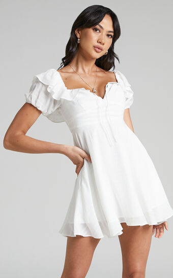 Canthe Mini Dress - Frill Detail Puff Sleeve Off Shoulder Skater Dress in White