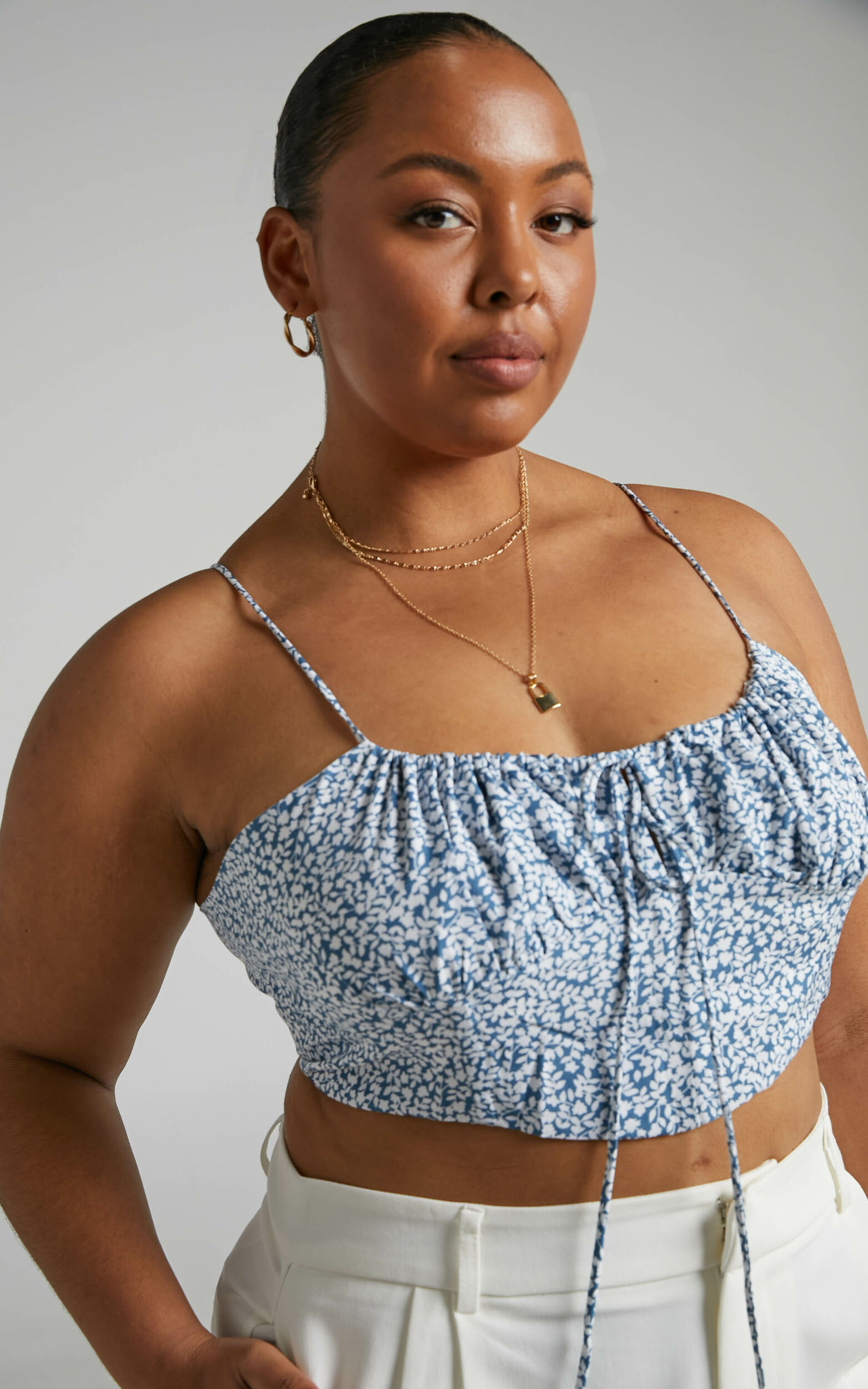Prudence Top - Prudence Ruched Tie Front Corset Crop Top in Blue Floral