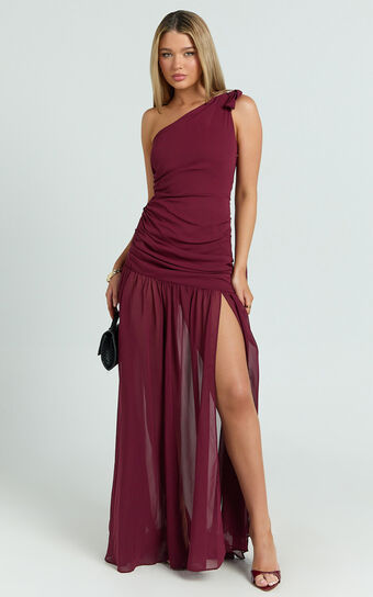 Behati Maxi Dress - One Shoulder Cut Out Fit And Flare Dress in Wine