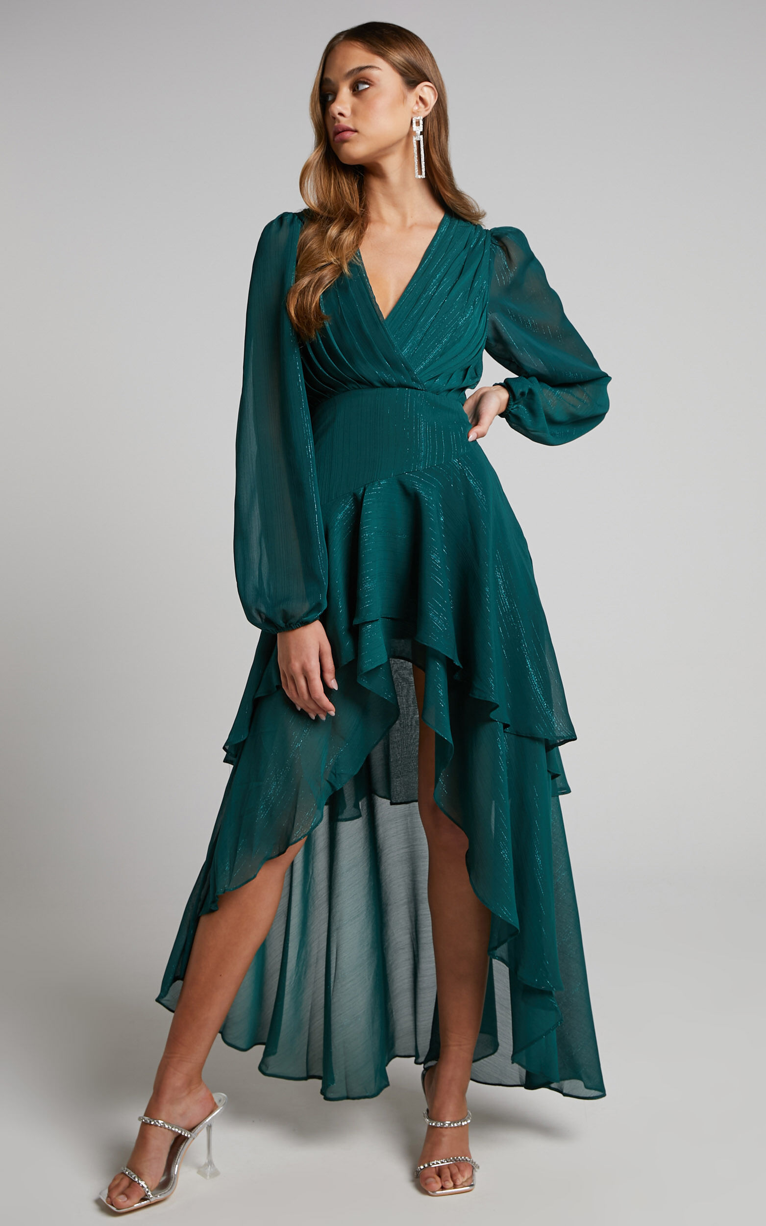 Claudita Midi Dress - Long Sleeve High Low Hem Dress in Emerald - 04, GRN1