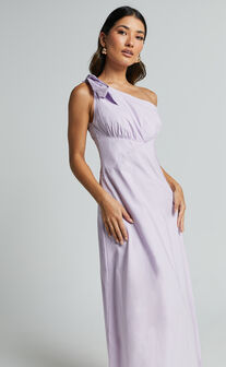 Ayah Midi Dress - One Shoulder Bow Detail Midi Dress in Lilac