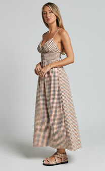 Toni Midi Dress - Strappy Gingham Dress in Caramel and White Gingham