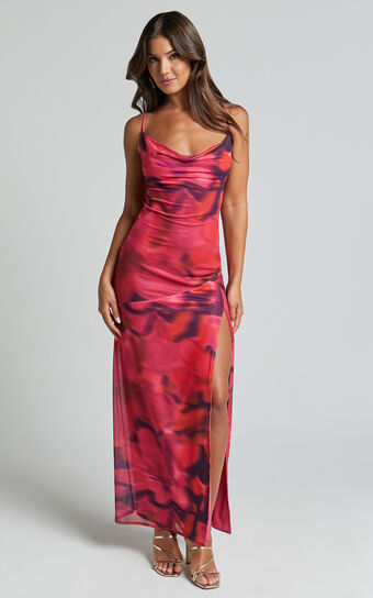 Lula Maxi Dress - Cowl Neck Thigh Split Dress in Adeana Print