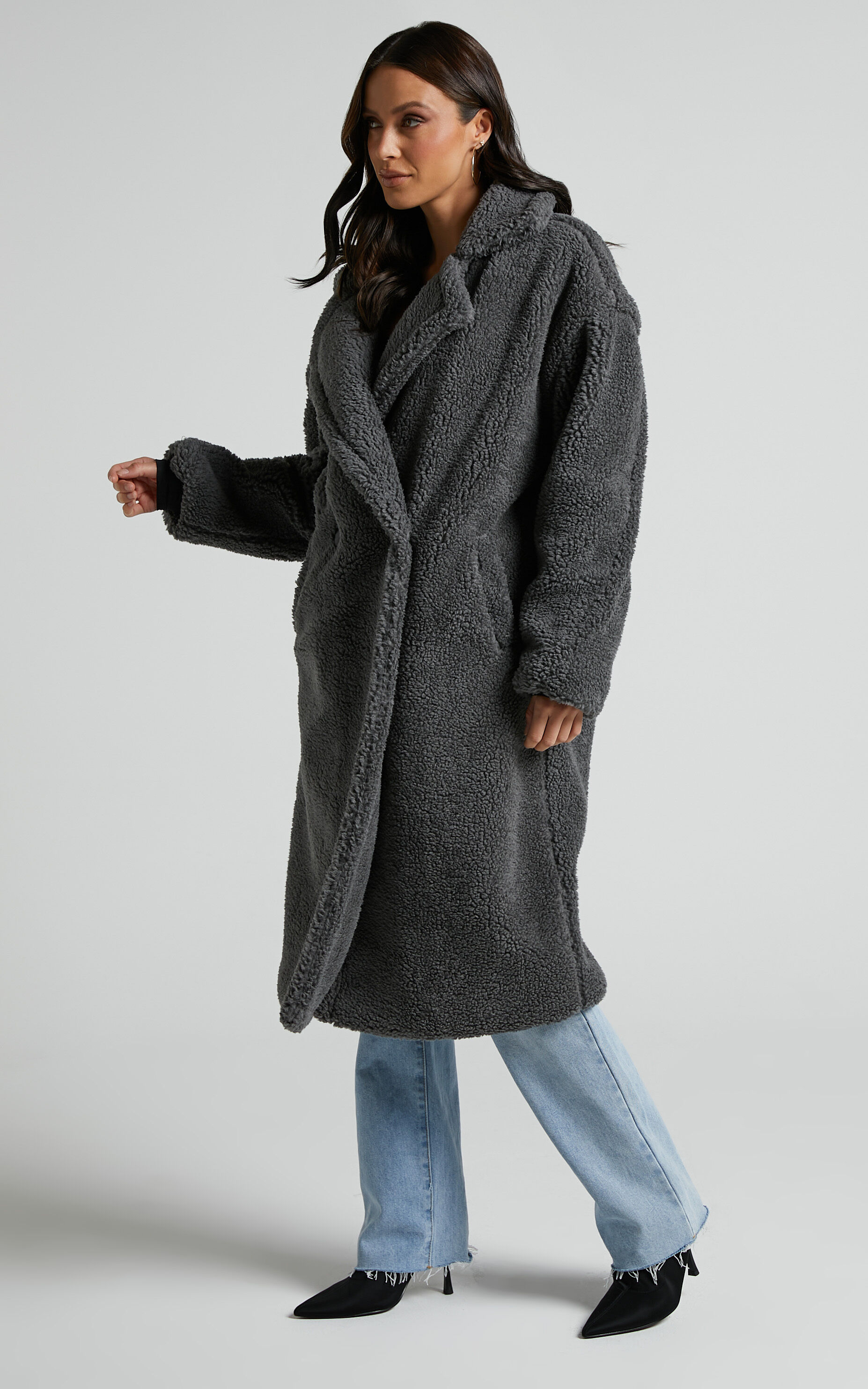 Indianna Coat Longline Teddy Coat in Charcoal Showpo EU