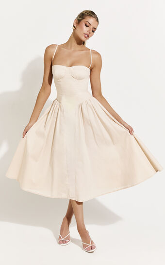 April Midi Dress - Sweetheart Wide Pleated Dress in Cream