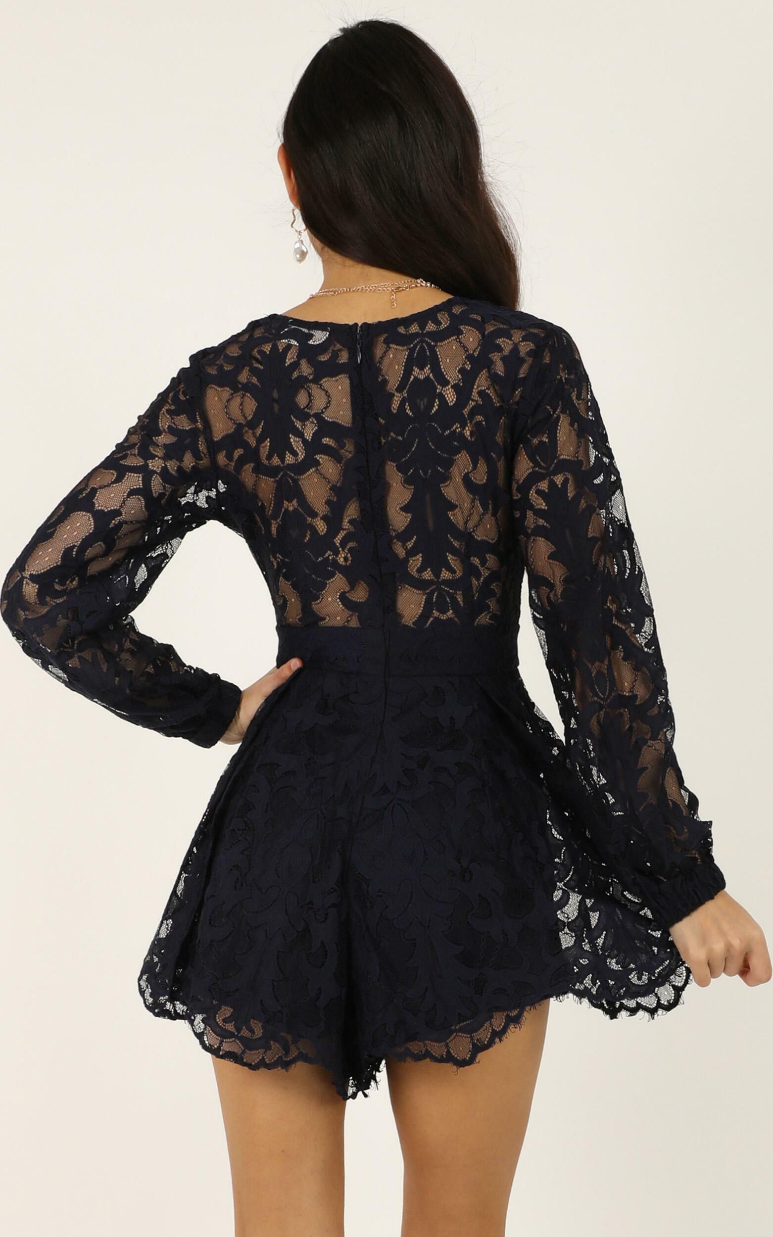 Come Go With Me Playsuit Navy Lace Showpo
