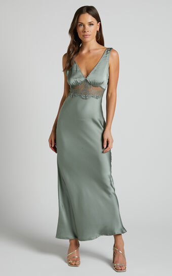 Juliet Midi Dress - V Neck Lace Insert Satin Slip Dress in Olive