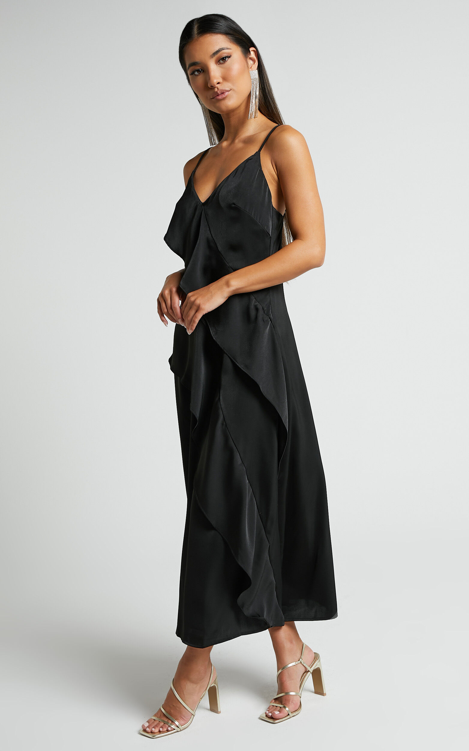 Eileen Midi Dress - V Neck Soft Ruffle Tiered Satin Dress in Black | Showpo