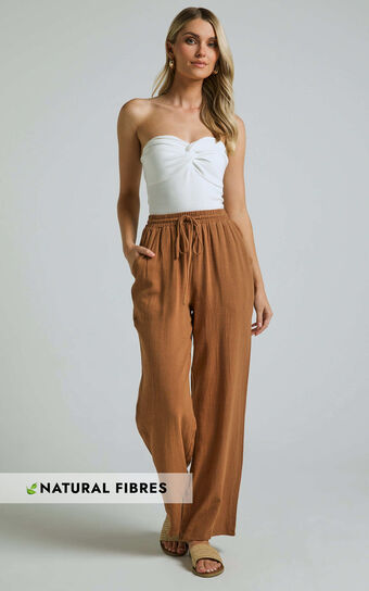 Kala Pants - Mid Waisted Relaxed Elastic Waist Pants in Tobacco