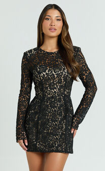Ness Mini Dress - Long Sleeve Lace Fit And Flare Dress in Black