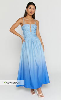 Posie Mini Dress - High Neck Drape Detail Dress in Steel Blue