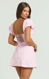 Ginny Mini Dress - Square Neck Ruched Bodice Puff Sleeve Straight Dress ...