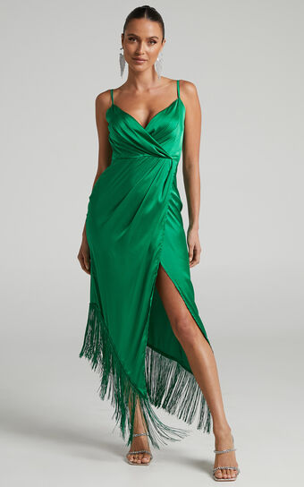 Rholie Midi Dress - Plunge Neck Fringe Hem Fixed Wrap Dress in Emerald