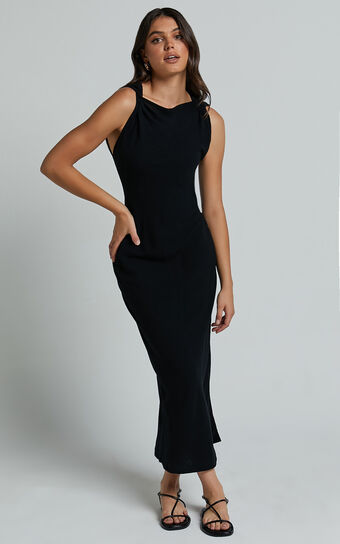 Jessenia Maxi Dress - Linen Look High Neck Dress in Black