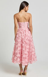 Rheiva Midi Dress - Strapless 3D Embroidery Midi Dress in Soft Pink ...