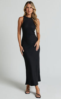 Fernley Midi Dress - Linen Racer Neck Slip Dress in Black