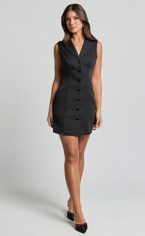 Tymia Mini Dress - Button Through Collar V Neck Dress in Black