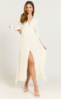 Sitting Pretty Midi Dress - Short Sleeve Button Down Dress in Natural