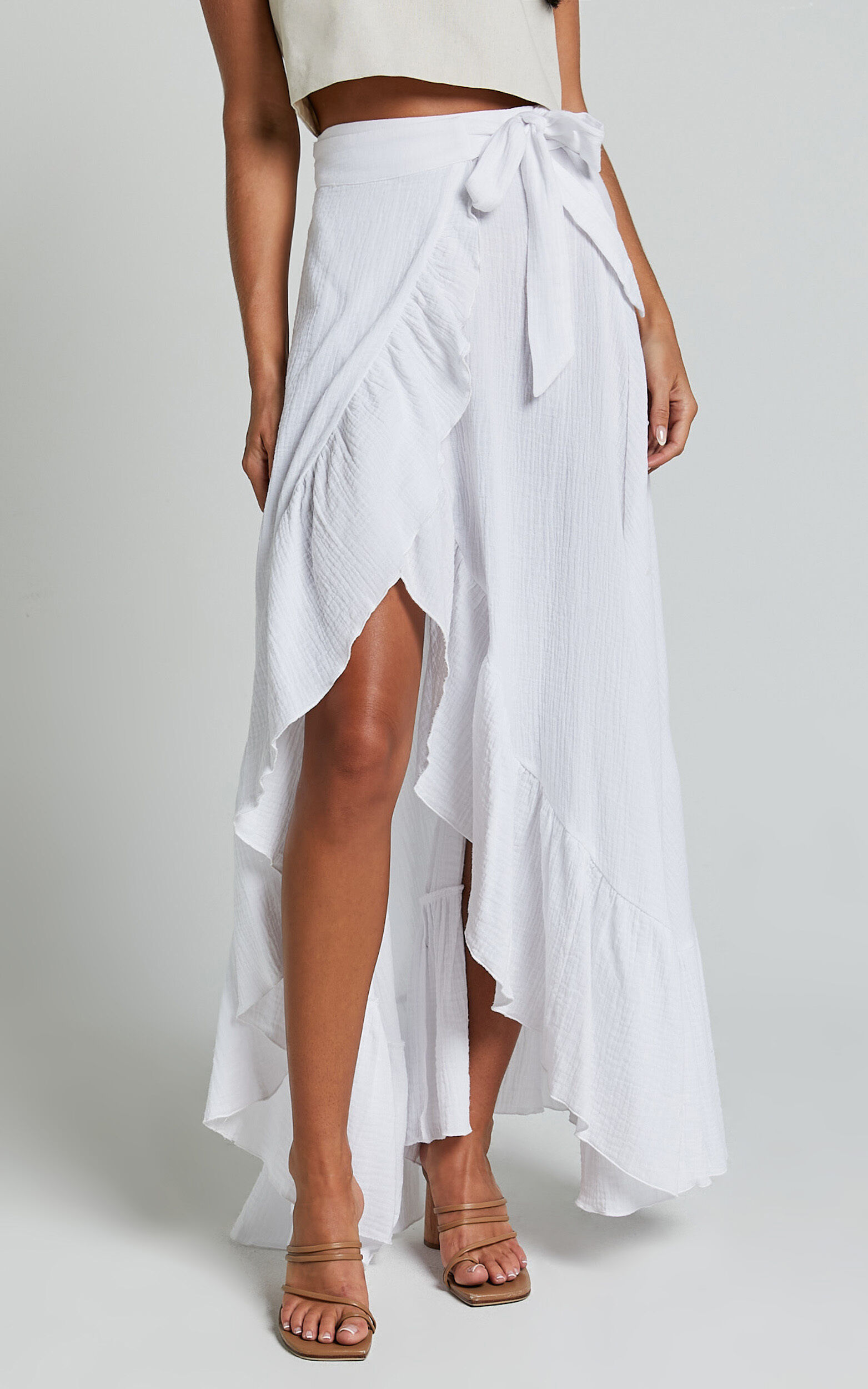 Donita Midi Skirt Muslin Wrap Skirt in White Showpo