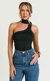 Betty Top - One Shoulder Halter Neck Scarf Top in Black