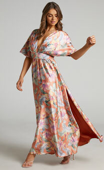 Sophia Maxi Dress - Plunge Neck Bat Wing Sleeve Dress in Multi Floral