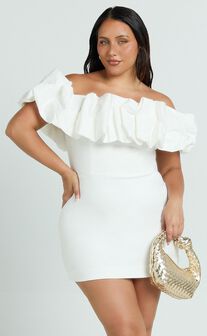 Coraline Mini Dress - Ruffle Off Shoulder Fitted Dress in White