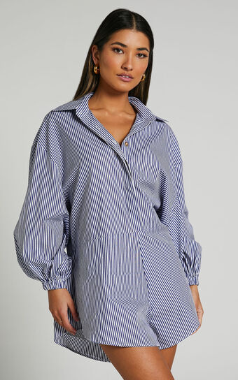 Anka Playsuit - Relaxed Button Front Shirt Playsuit in Navy Stripe