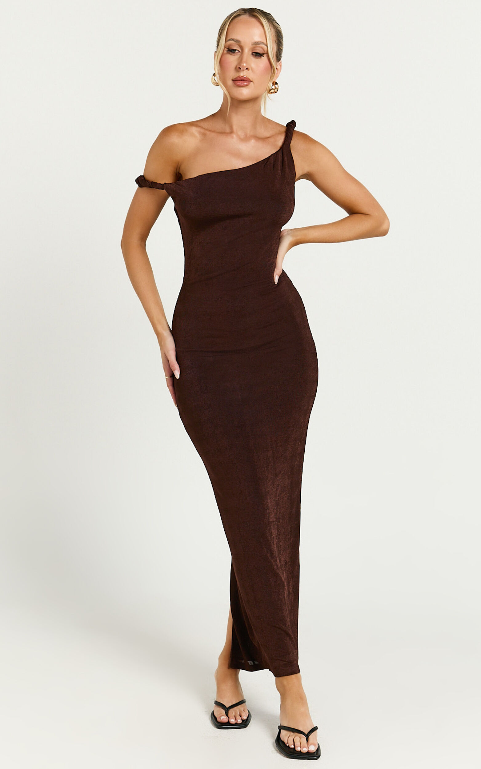 Isabel Midi Dress Twist Off Shoulder Bodycon Dress in Chocolate
