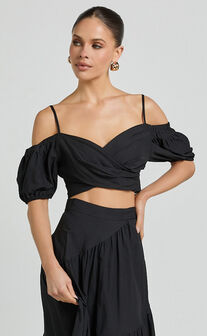 Bella Top - Off Shoulder Cross Over Puff Sleeve Crop Top in Black