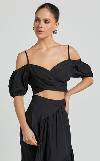 Bella Top - Off Shoulder Cross Over Puff Sleeve Crop Top in Black