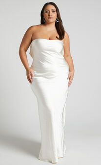 Charlita Maxi Dress - Strapless Cowl Back Satin Dress in Pearl
