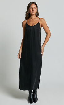Kaeshia Midi Dress - Strappy V Neck Cupro Slip Dress in Black