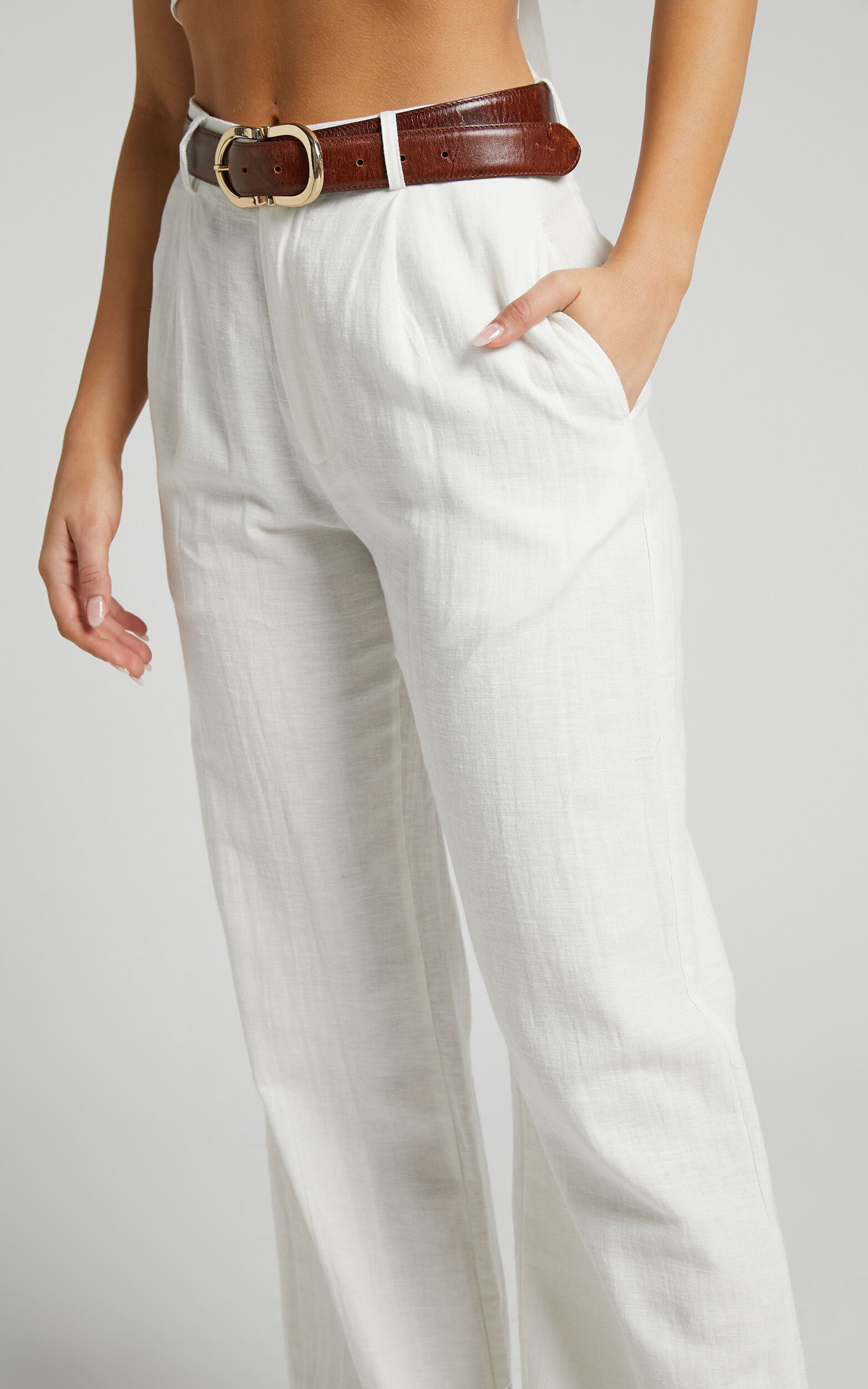 Larissa Trousers Linen Look Mid Waisted Relaxed Straight Leg