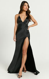 Phillippa Maxi Dress - Diamonte Strap Plunge Bias Cut Satin Dress in ...