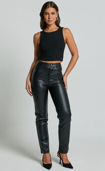 Dilyene Pants - Mid Waist Straight Leg Faux Leather Pants in Black