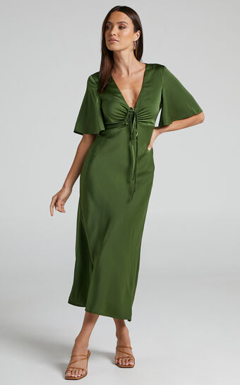 Nicholla Midi Dress  Ruched Front Angel Sleeve Slip in Olive