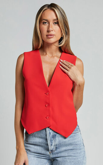 Charla Top - Tailored Button Through Vest in Red